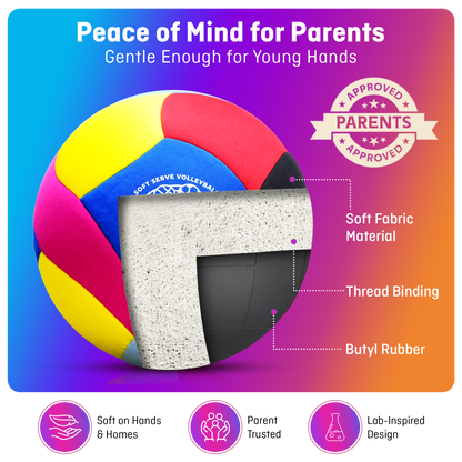 SoftServe foam-padded indoor volleyball in vibrant colors, ideal for beginners and indoor practice settings.