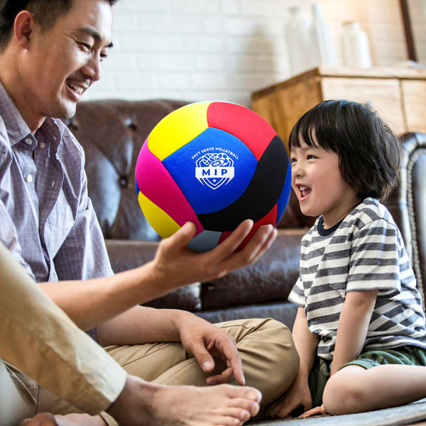 Multicolor volleyball featuring a logo, suited for indoor fun with family or friends.