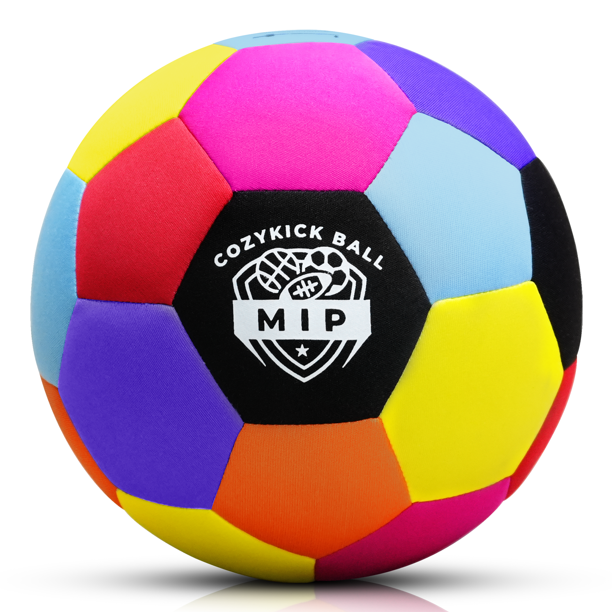 Colorful patchwork soccer ball with black logo, featuring orange, purple, blue, and yellow panels.