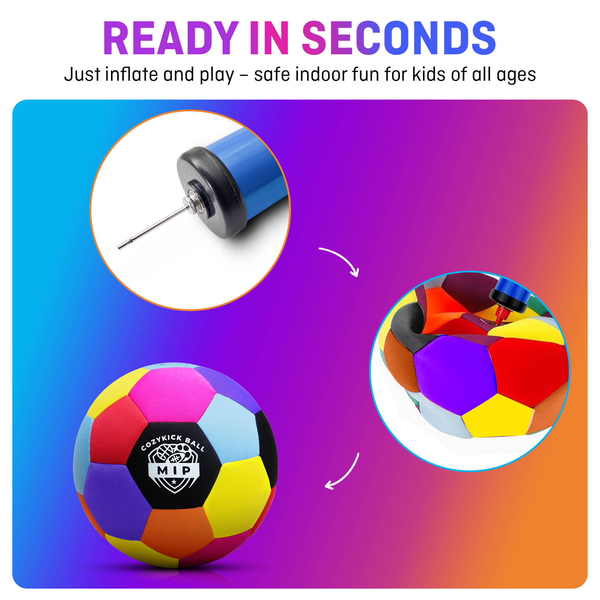 Soft padded indoor soccer ball in vibrant colors with a foam core, by MIP Store, designed for apartment play