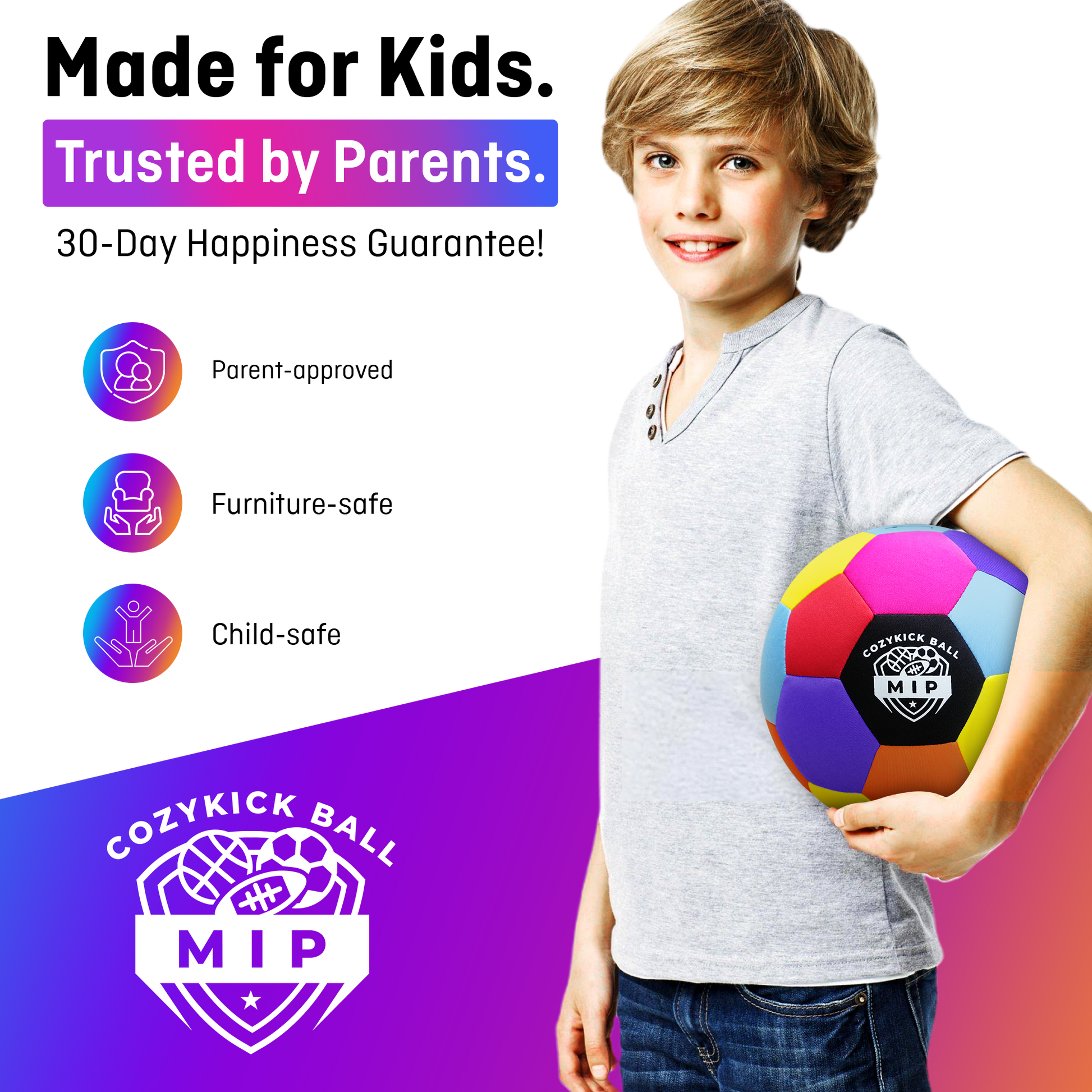 Soft padded indoor soccer ball in blue and yellow microfiber with a foam core, branded by MIP Store.