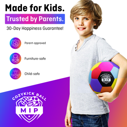 Soft padded indoor soccer ball in blue and yellow microfiber with a foam core, branded by MIP Store.