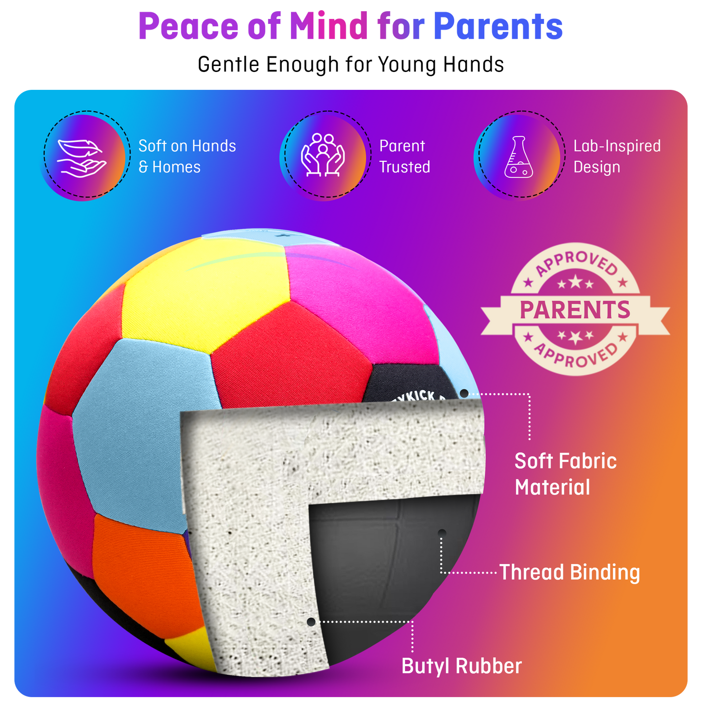 CozyKick soft padded indoor soccer ball made of foam core microfiber, featuring a vibrant design for apartment play.