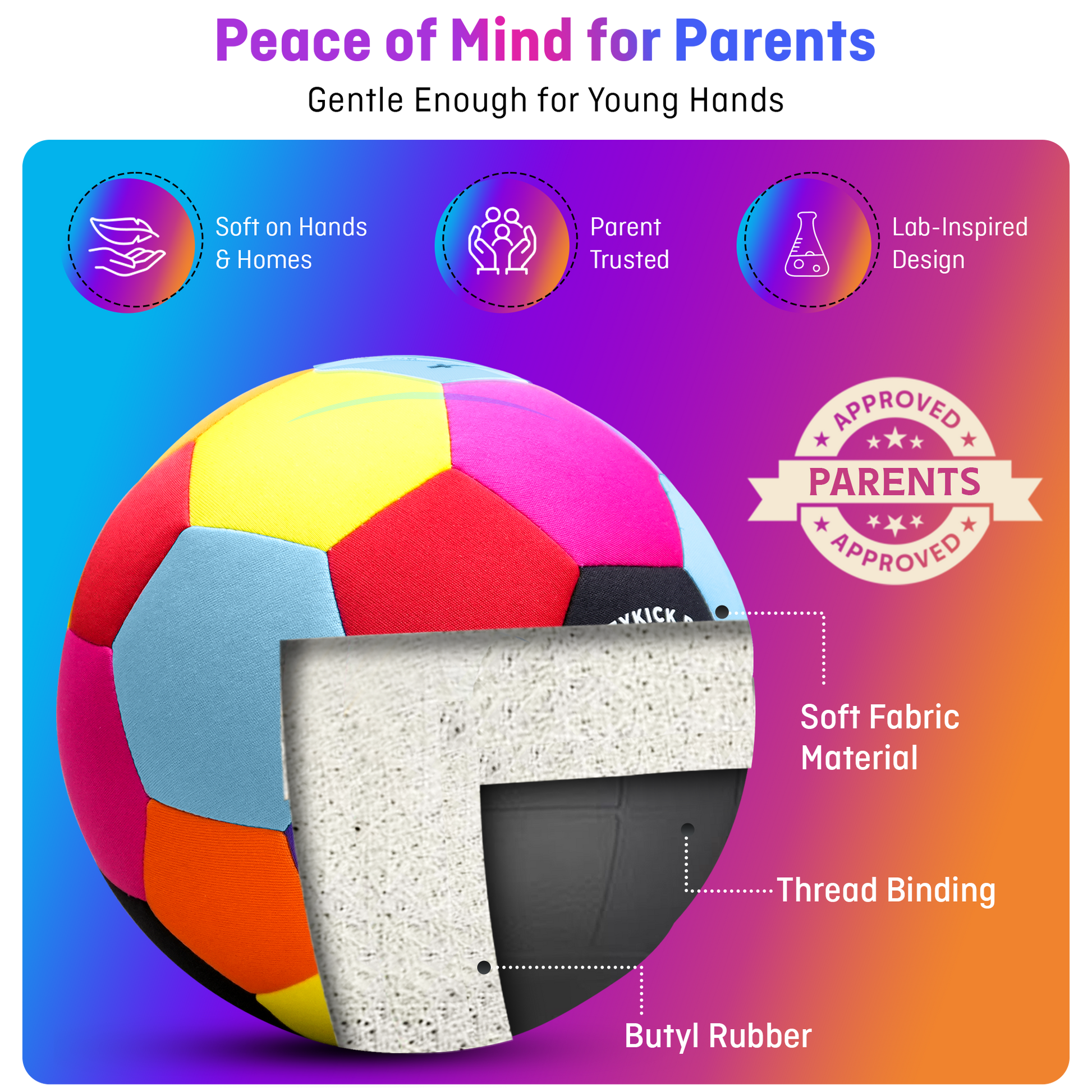 CozyKick soft padded indoor soccer ball made of foam core microfiber, featuring a vibrant design for apartment play.