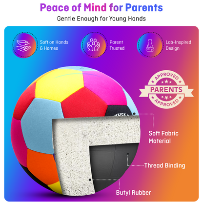 CozyKick soft padded indoor soccer ball made of foam core microfiber, featuring a vibrant design for apartment play.