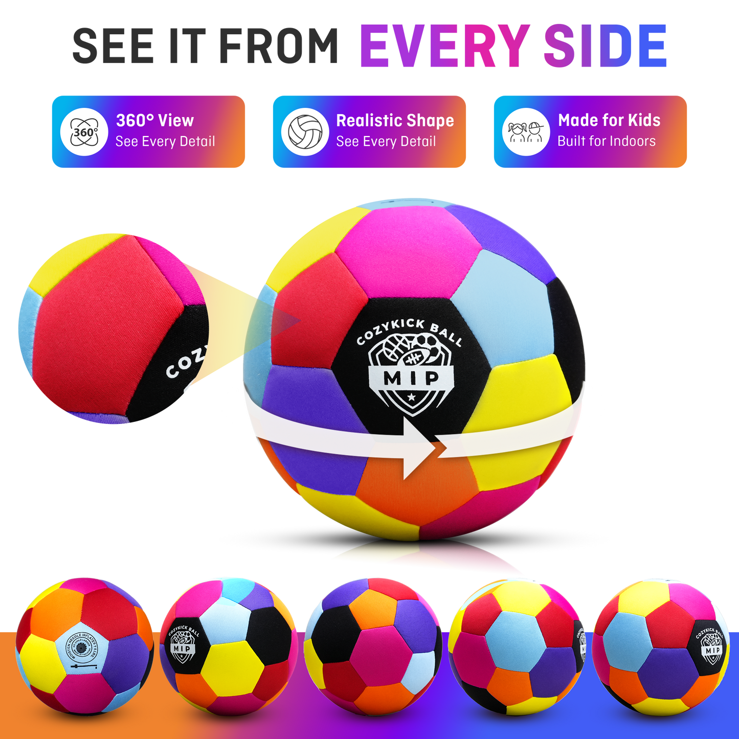 Soft padded indoor soccer ball made of microfiber with foam core, branded CozyKick by MIP Store